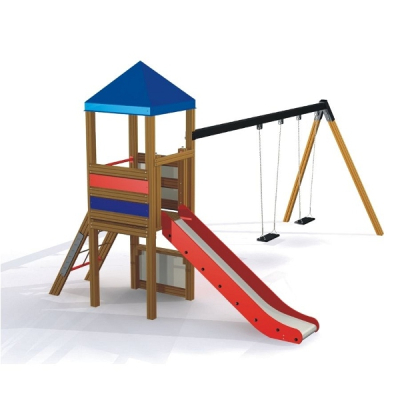 Spielkombination Rutschturm mit Doppelschaukel für den Spielplatz