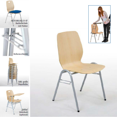 Seminarstuhl, Objektstuhl Sidi, Vierbein, Buchenholzsitzschale, stapelbar