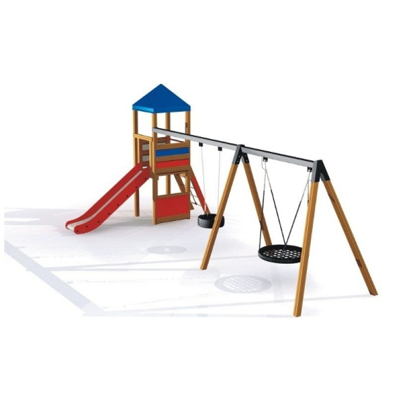 Rutschturm mit Vogelnest und Reifenschaukel für den Spielplatz